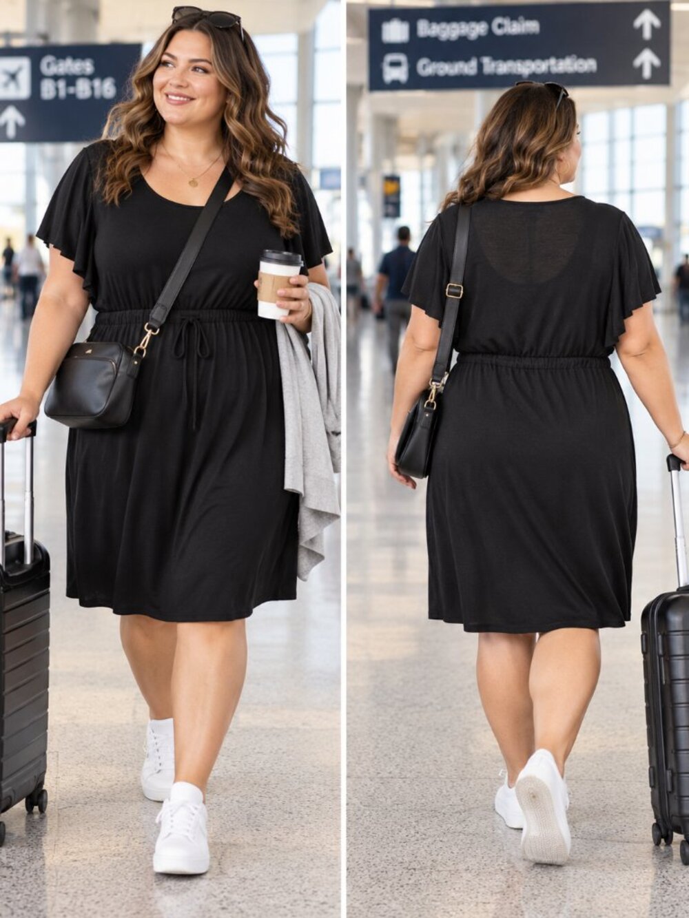 Black 2X Flutter Sleeve Drawstring Waist Dress Plus Size